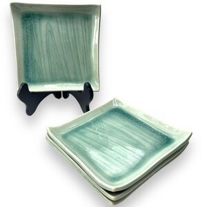 Japanese Set of 4 Celadon Green w/ Blue Crackle Square Glazed Small Plates 6"